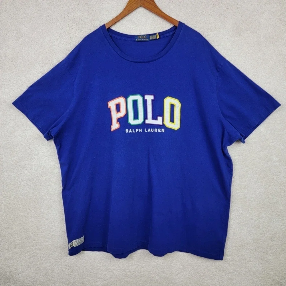 RARE Polo Ralph Lauren 4XB Blue Tee Multi-Color Logo Applique 90s Prep Style